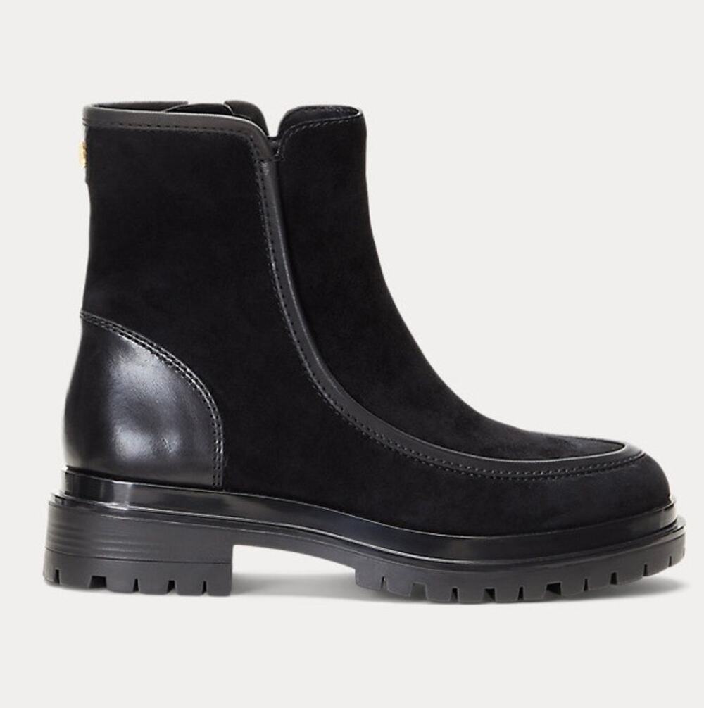 Lauren Ralph Lauren Colbie Black Suede Leather Chunky Lug Sole Ankle Boots Sz 6